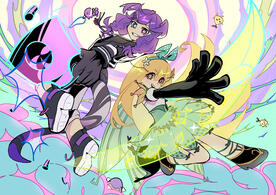 Two characters, full body, medium complexity bg