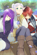 Three characters, full body, simple bg