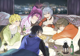 Five characters, waist up, complex bg